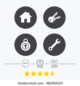 Home key icon. Wrench service tool symbol. Locker sign. Main page web navigation. Chat, award medal and report linear icons. Star vote ranking. Vector