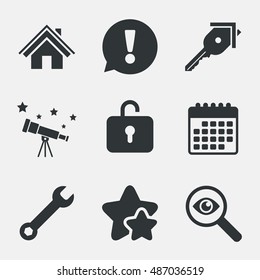 Home key icon. Wrench service tool symbol. Locker sign. Main page web navigation. Attention, investigate and stars icons. Telescope and calendar signs. Vector