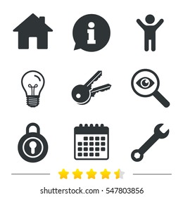 Home key icon. Wrench service tool symbol. Locker sign. Main page web navigation. Information, light bulb and calendar icons. Investigate magnifier. Vector