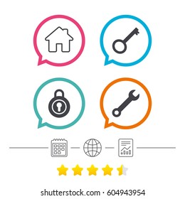 Home key icon. Wrench service tool symbol. Locker sign. Main page web navigation. Calendar, internet globe and report linear icons. Star vote ranking. Vector