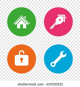 Home key icon. Wrench service tool symbol. Locker sign. Main page web navigation. Round buttons on transparent background. Vector