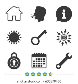 Home key icon. Wrench service tool symbol. Locker sign. Main page web navigation. Information, go to web and calendar icons. Sun and loud speak symbol. Vector