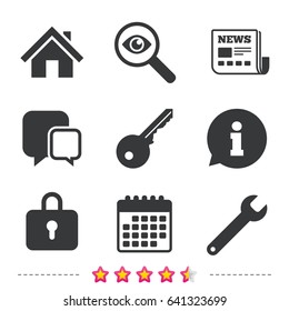 Home key icon. Wrench service tool symbol. Locker sign. Main page web navigation. Newspaper, information and calendar icons. Investigate magnifier, chat symbol. Vector