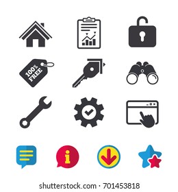 Home key icon. Wrench service tool symbol. Locker sign. Main page web navigation. Browser window, Report and Service signs. Binoculars, Information and Download icons. Stars and Chat. Vector