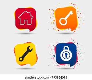 Home key icon. Wrench service tool symbol. Locker sign. Main page web navigation. Speech bubbles or chat symbols. Colored elements. Vector