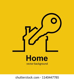 Home with a key isolated on background. Vector illustration flat design. Page template for sale and rent house.