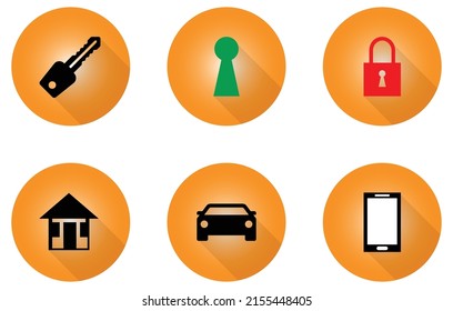 Home Key Keyhole Lock Mobil- und Autosymbol in orangefarbenem Kreis, weißer Hintergrund Vektor-Vektorgrafik-Design