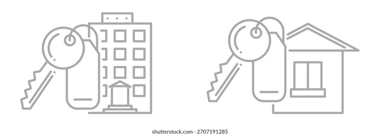 Conjunto de iconos de línea de clave de inicio. Símbolos de apartamentos, casas, propiedades e inmuebles para temas de seguros, alquileres y financiamiento. Estilo lineal limpio con trazo editable, aislado sobre fondo transparente.
