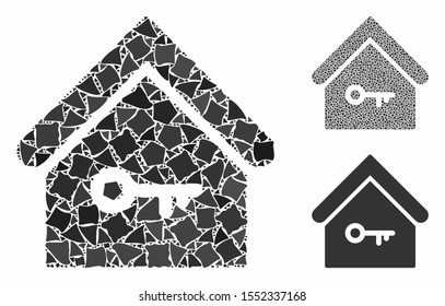 Home key mosaic of abrupt elements in variable sizes and color hues, based on home key icon. Vector ragged elements are combined into collage. Home key icons collage with dotted pattern.
