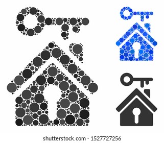 Home key mosaic of circle elements in variable sizes and color tints, based on home key icon. Vector circle elements are composed into blue illustration.