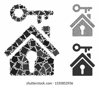 Home key mosaic of irregular elements in various sizes and color hues, based on home key icon. Vector bumpy elements are organized into mosaic. Home key icons collage with dotted pattern.