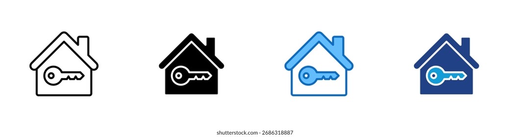 Vector de diseño de múltiples iconos de estilo - Casa con una llave, que simboliza la propiedad, el alquiler, el acceso y la seguridad de la propiedad