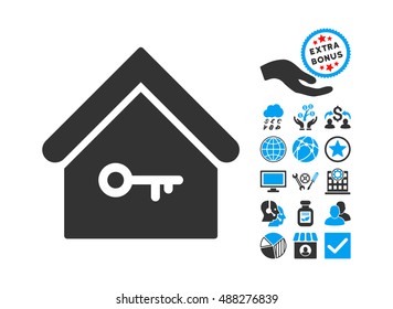 Home Key pictograph with bonus elements. Vector illustration style is flat iconic bicolor symbols, blue and gray colors, white background.