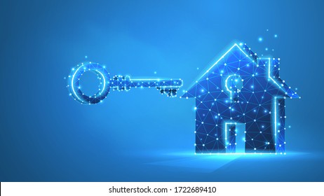 Home with a key. Real estate, house safety, and property concept. Low poly, wireframe 3d vector illustration. Abstract polygonal image on blue neon background