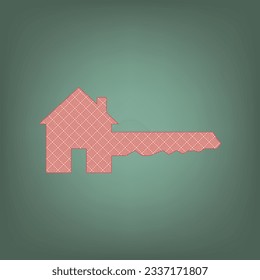 Home Key sign. Apricot Icon with Brick Red parquet floor graphic pattern on a Ebony background. Feldgrau. Green. Illustration.