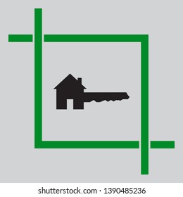 Home Key sign. Black icon inside green crop tool at light gray background