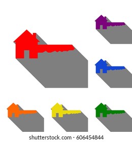 Home Key sign. Set of red, orange, yellow, green, blue and violet icons at white background with flat shadow.