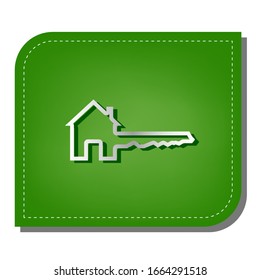 Home Key sign. Silver gradient line icon with dark green shadow at ecological patched green leaf. Illustration.