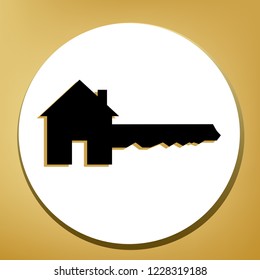 Home Key sign. Vector. Black icon with light brown shadow in white circle with shaped ring at golden background.