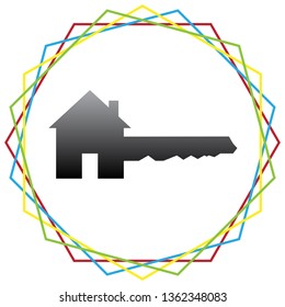 Home Key sign. Vector. Black icon with patch of light inside colorful hexagonal frames at white background.