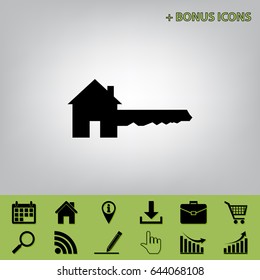 Home Key sign. Vector. Black icon at gray background with bonus icons at celery ones