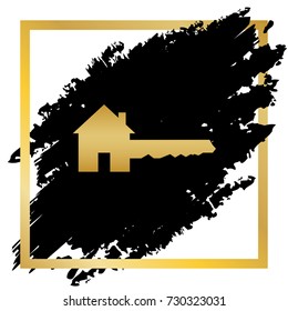 Home Key sign. Vector. Golden icon at black spot inside golden frame on white background.