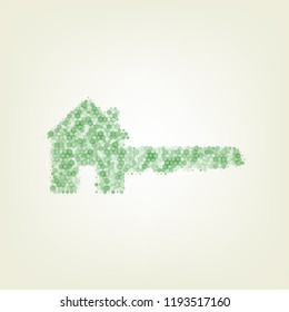 Home Key sign. Vector. Green hexagon rastered icon and noised opacity and size at light green background with central light.
