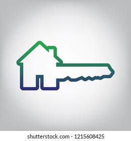 Home Key sign. Vector. Green to blue gradient contour icon at grayish background with light in center.