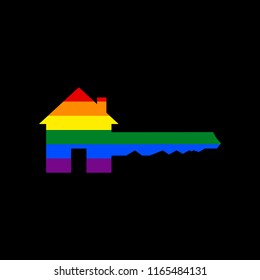 Home Key sign. Vector. Icon with colors of LGBT flag at black background.