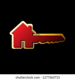 Home Key sign. Vector. Red icon with small black and limitless shadows at golden sticker on black background.