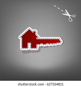 Home Key sign. Vector. Red icon with for applique from paper with shadow on gray background with scissors.