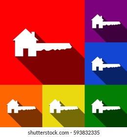 Home Key sign. Vector. Set of icons with flat shadows at red, orange, yellow, green, blue and violet background.