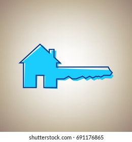 Home Key sign. Vector. Sky blue icon with defected blue contour on beige background.
