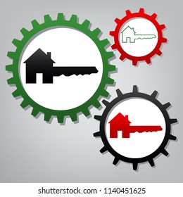 Home Key sign. Vector. Three connected gears with icons at grayish background.