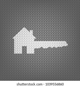 Home Key sign. Vector. White knitted icon on gray knitted background. Isolated.
