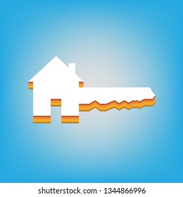 Home Key sign. Vector. White icon with 3d warm-colored gradient body at sky blue background.