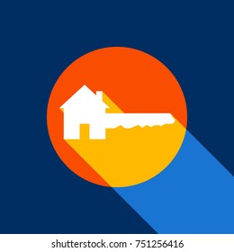 Home Key sign. Vector. White icon on tangelo circle with infinite shadow of light at cool black background. Selective yellow and bright navy blue are produced.