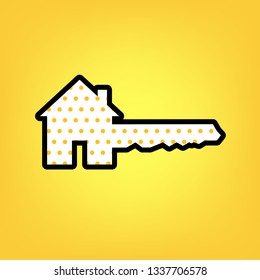 Home Key sign. Vector. Yellow polka dot white icon with black contour at warm yellow background.