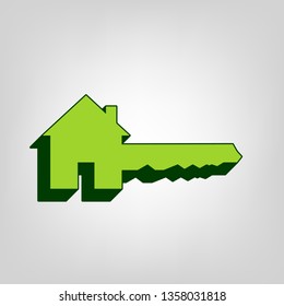 Home Key sign. Vector. Yellow green solid icon with dark green external body at light colored background.