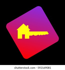 Home Key sign. Vector. Yellow icon at violet-red gradient square with rounded corners rotated for dynamics on black background.
