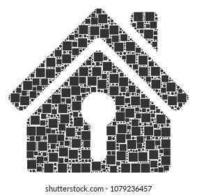 Home Keyhole collage icon of square figures and spheric dots in variable sizes. Vector objects are formed into home keyhole composition design concept.