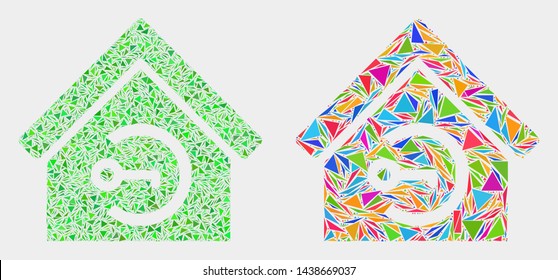 Home keyhole mosaic icon of triangle elements which have various sizes and shapes and colors. Geometric abstract vector illustration of home keyhole.
