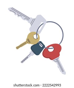 Home Keys on Keyholder or Keychains. Modern key with pedants accessories. Real Estate concept. Rental home property. Contemporary vector illustration in flat style.