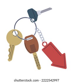 Home Keys on Keyholder or Keychains. Modern key with pedants accessories. Real Estate concept. Rental home property. Contemporary vector illustration in flat style.