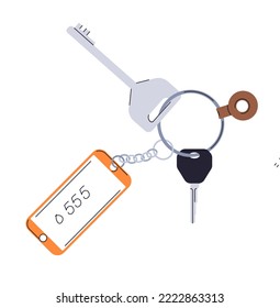 Home Keys on Keyholder or Keychains. Modern key with pedants accessories. Real Estate concept. Rental home property. Contemporary vector illustration in flat style.