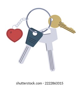 Home Keys on Keyholder or Keychains. Modern key with pedants accessories. Real Estate concept. Rental home property. Contemporary vector illustration in flat style.