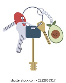 Home Keys on Keyholder or Keychains. Modern key with pedants accessories. Real Estate concept. Rental home property. Contemporary vector illustration in flat style.