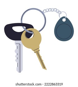 Home Keys on Keyholder or Keychains. Modern key with pedants accessories. Real Estate concept. Rental home property. Contemporary vector illustration in flat style.