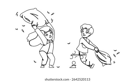 home kid pillow fight vector. happy bedroom, fun together, bed family home kid pillow fight character. people black line pencil drawing illustration