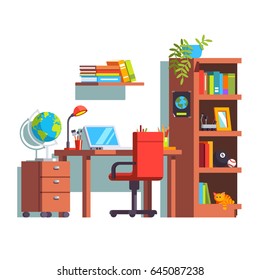 Home kid room interior design with desk, chair, laptop and wooden book case. University studying student dormitory. Decoration & furniture. Flat vector illustration isolated on white background.